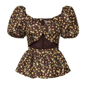 NWOT Autumn Adeigbo Bridgette Puff Sleeve Cut-Out Top Brown Yellow Floral